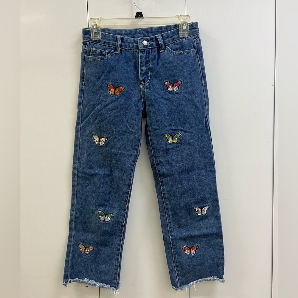 Like New SHEIN Girls Straight Leg Jeans with Embroidered Butterflies